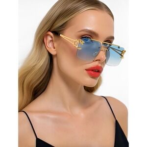 Women Rimless Rectangle Sunglasses Green Lens Fashion Shades Designer Lentes New